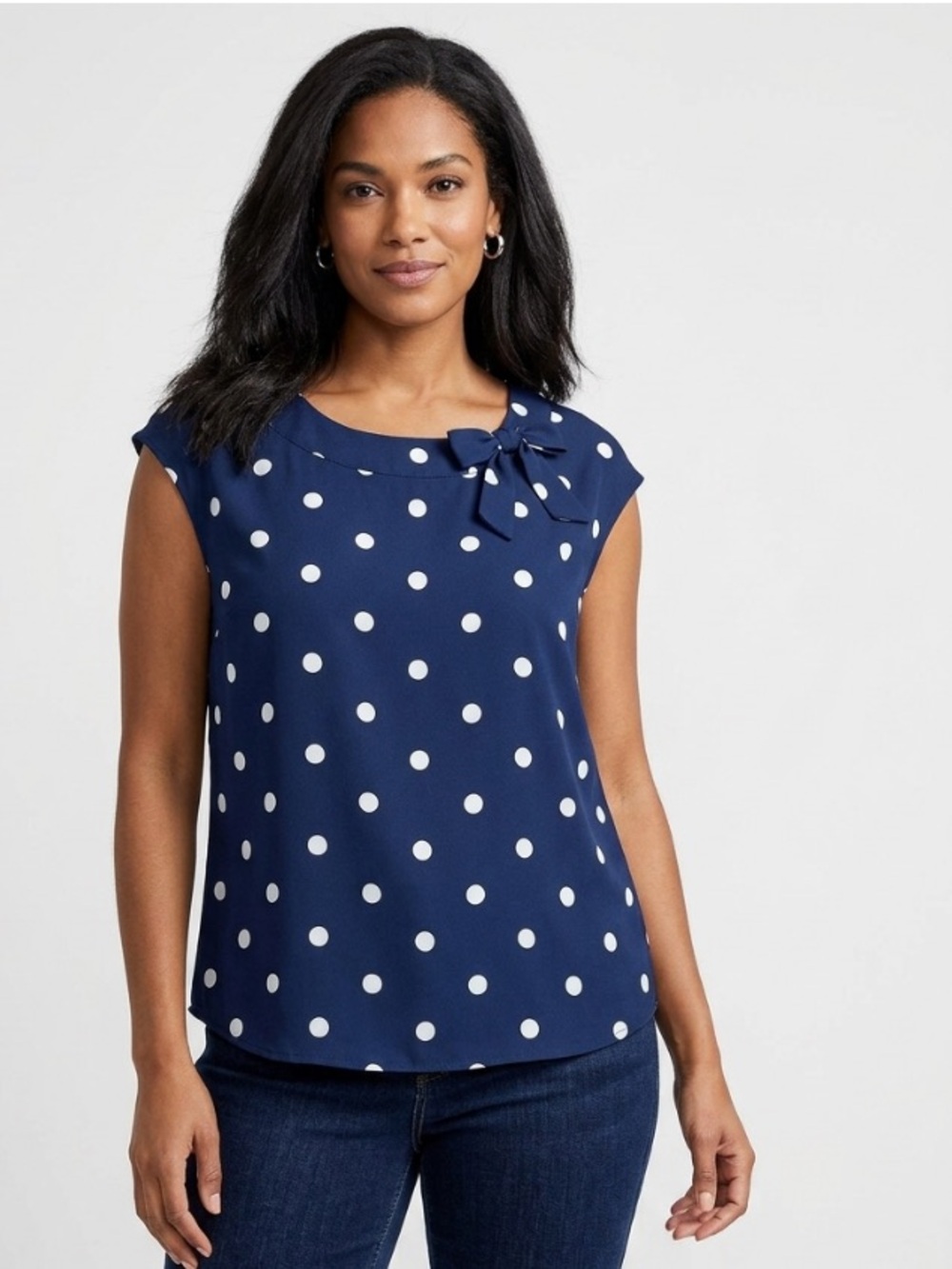New York & Company Black and White Cap Sleeve Tie Front Blouse
